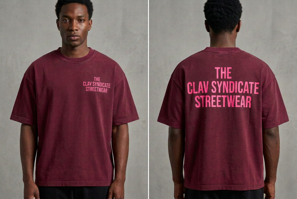 Burgundy nr 2 C.L.A.V Syndicate-T-shirt med neonrosa text, närbild fram och bak på modell