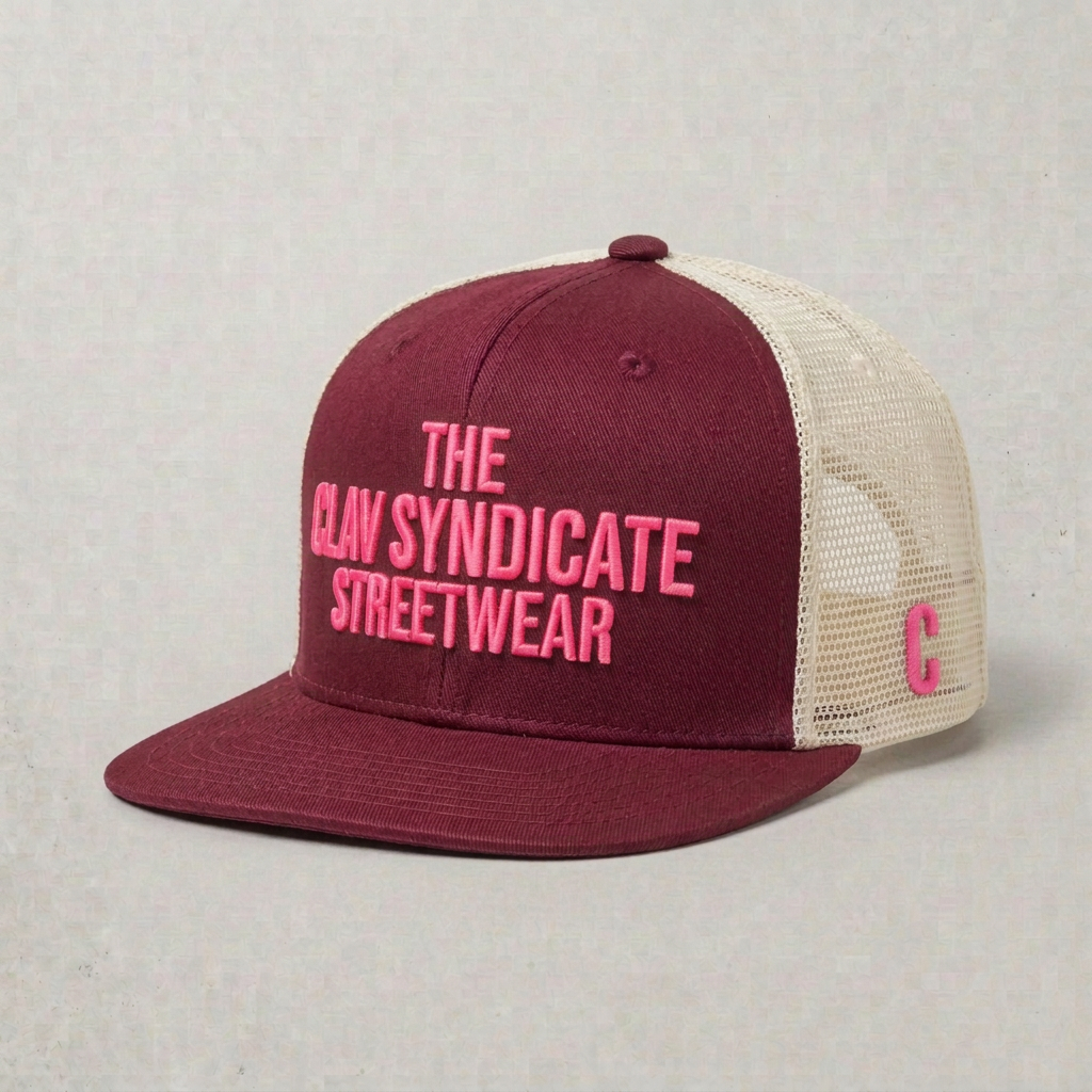 Burgundy nr 2 C.L.A.V Syndicate-truckerkeps med cremefärgade nätsidor och neonrosa brodyr