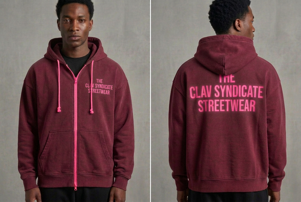 Burgundy nr 2 C.L.A.V Syndicate-zip-hoodie med neonrosa text, dragkedja och snören, fram och bak på modell
