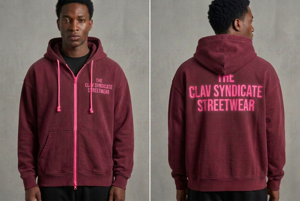 Burgundy nr 2 C.L.A.V Syndicate-zip-hoodie med neonrosa text, dragkedja och snören, fram och bak på modell