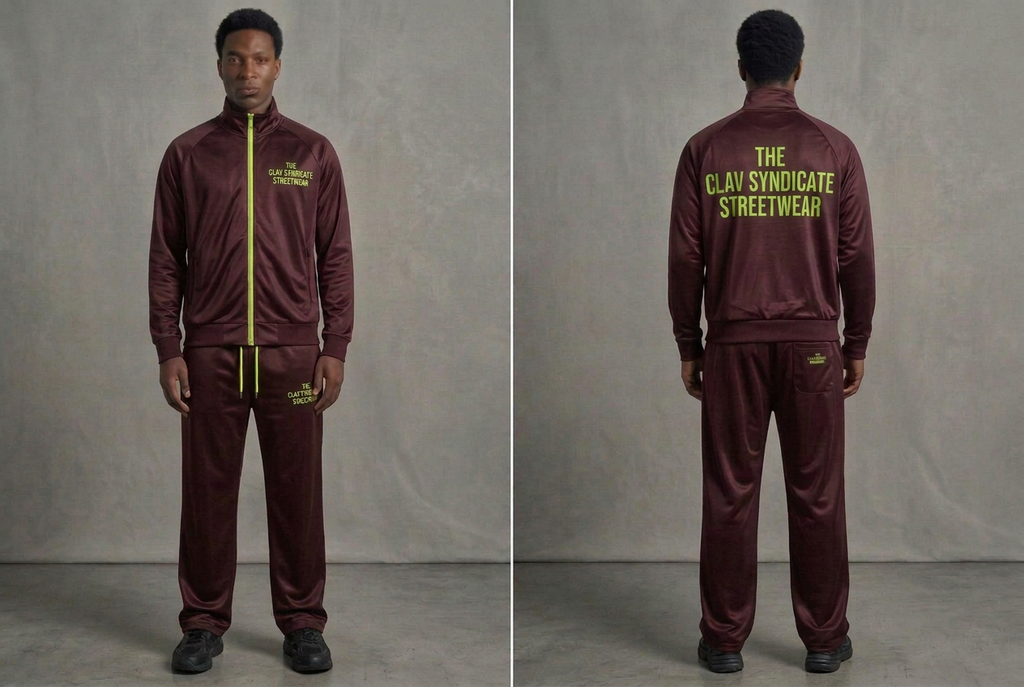 Burgundy tracksuit set with green accents