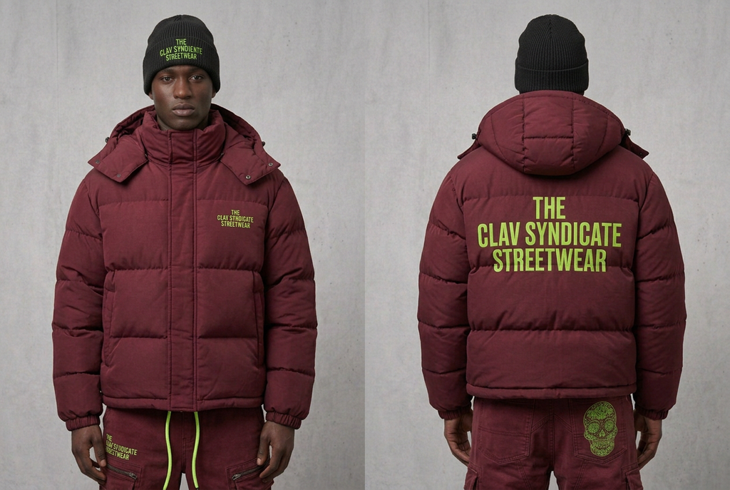 C.L.A.V Syndicate-looken i burgundy med svart mössa och neongröna detaljer, närbild fram och bak