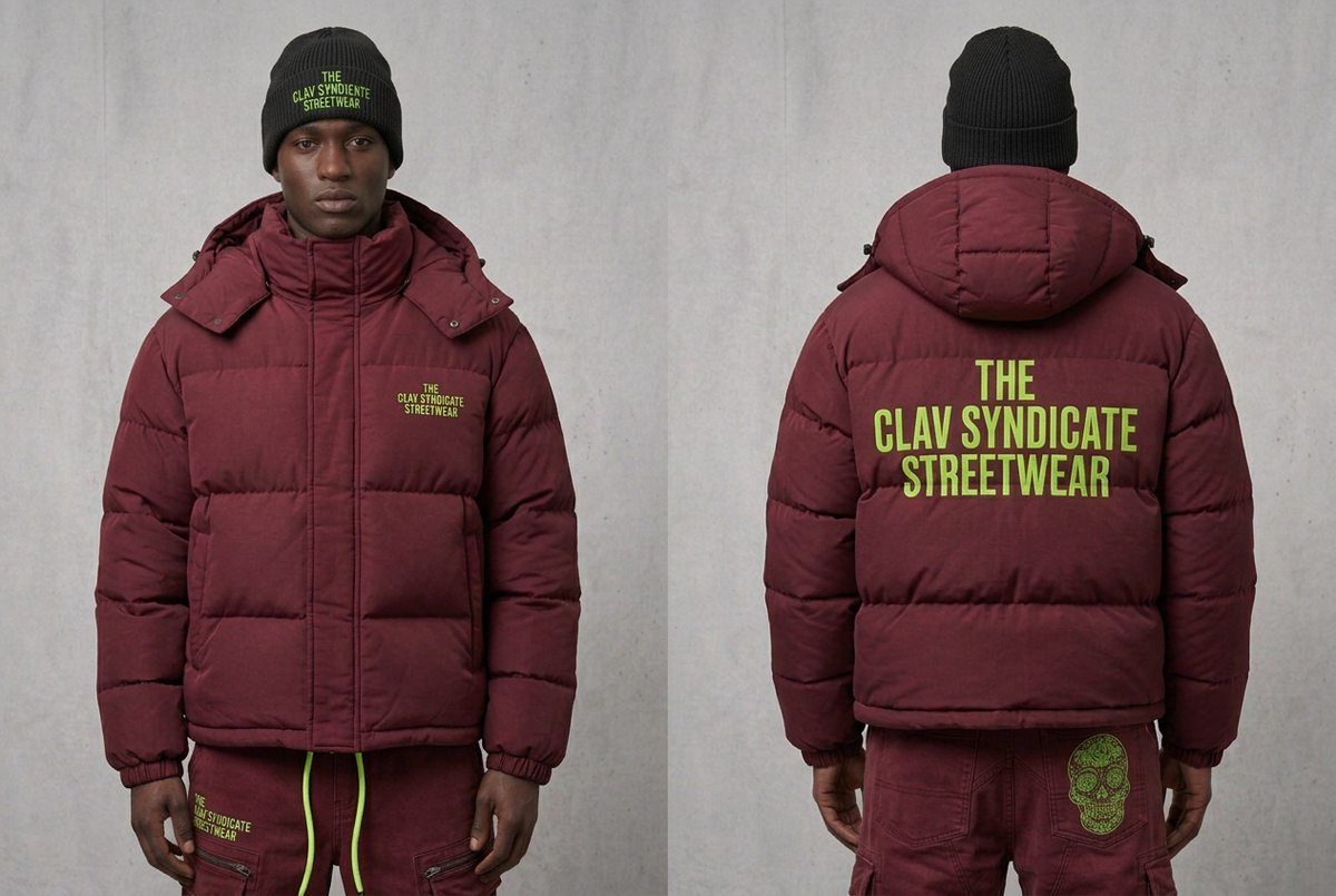 C.L.A.V Syndicate-looken i burgundy med svart mössa och neongröna detaljer, närbild fram och bak