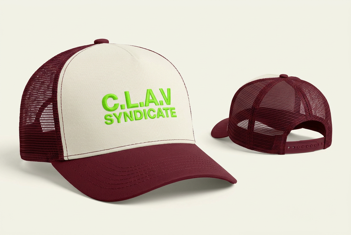 C.L.A.V SYNDICATE trucker cap with cream-white front and wine-red mesh sides