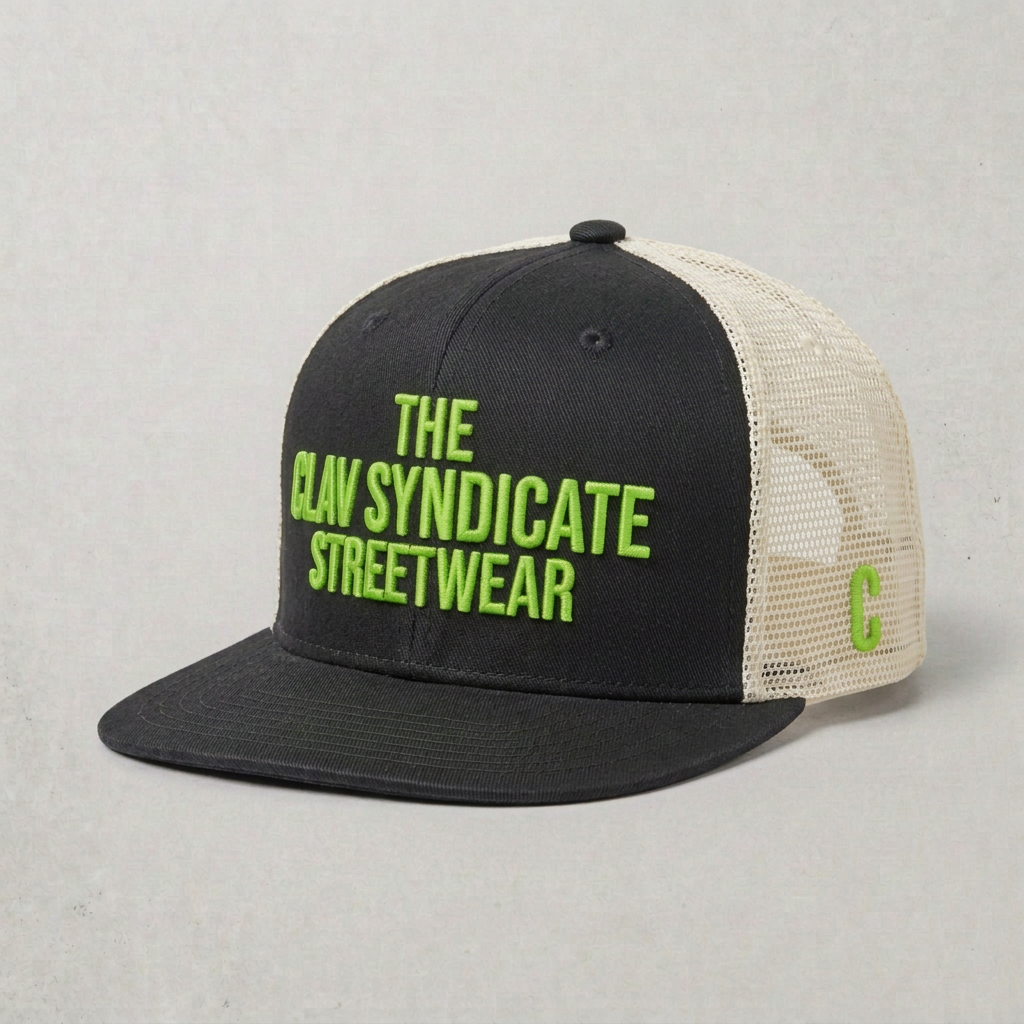 C.L.A.V Syndicate-truckerkeps med charcoal/svart front och skärm, cremefärgade nätsidor och neongrön brodyr