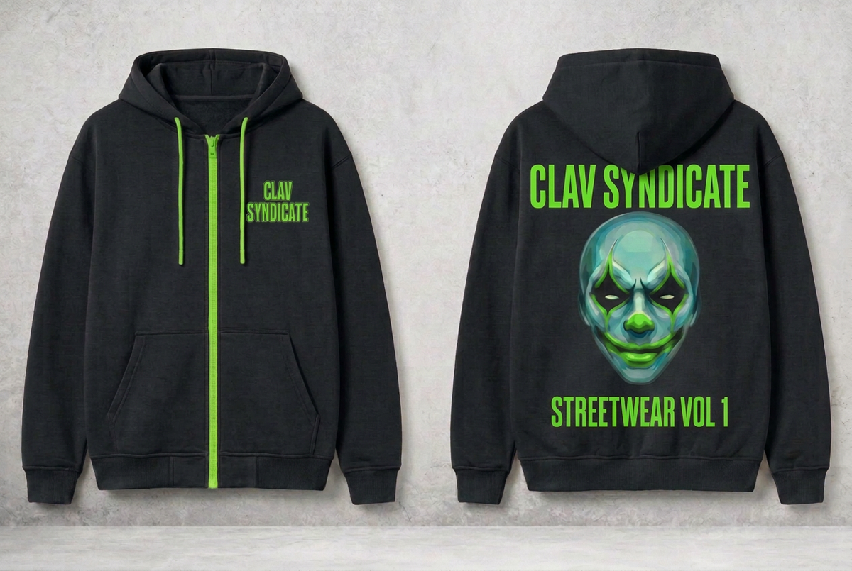 Charcoal-black CLAV Syndicate hoodie sample with neon-green branding and a large clown on the back