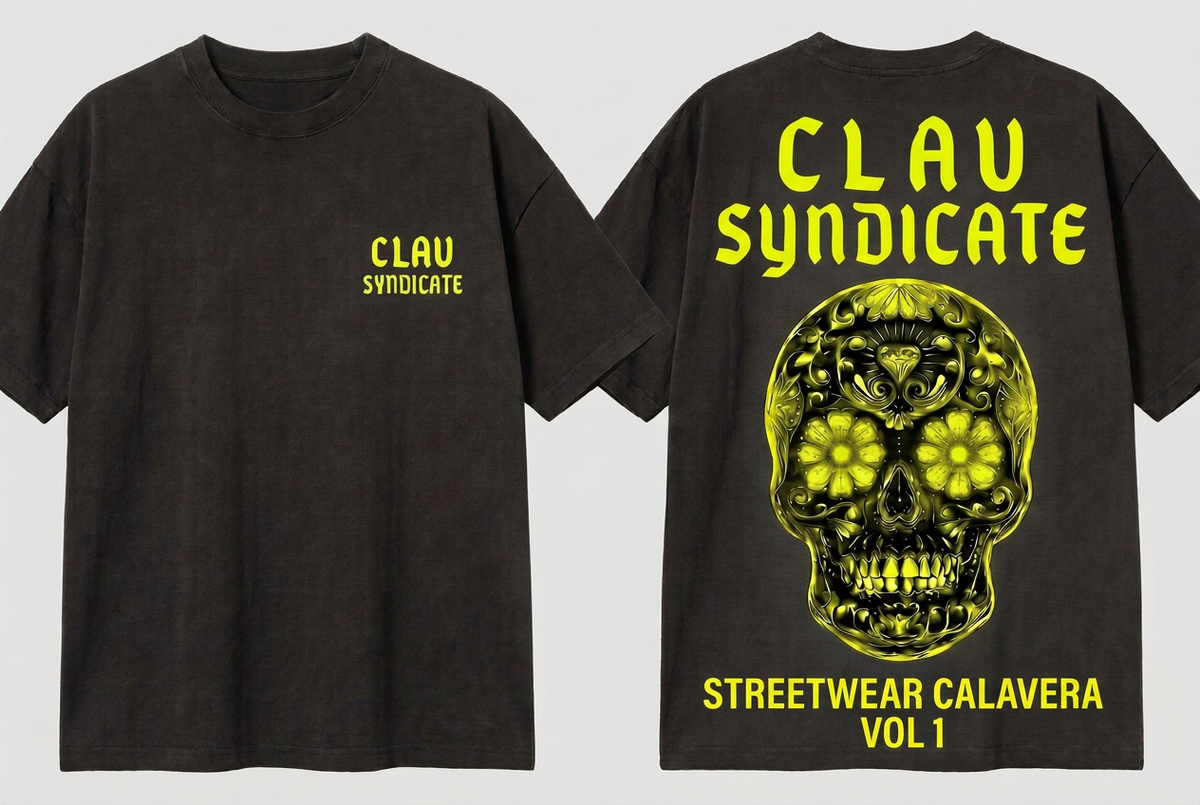 CLAV Syndicate Floral Calavera T-Shirt - Charcoal / Acid Yellow