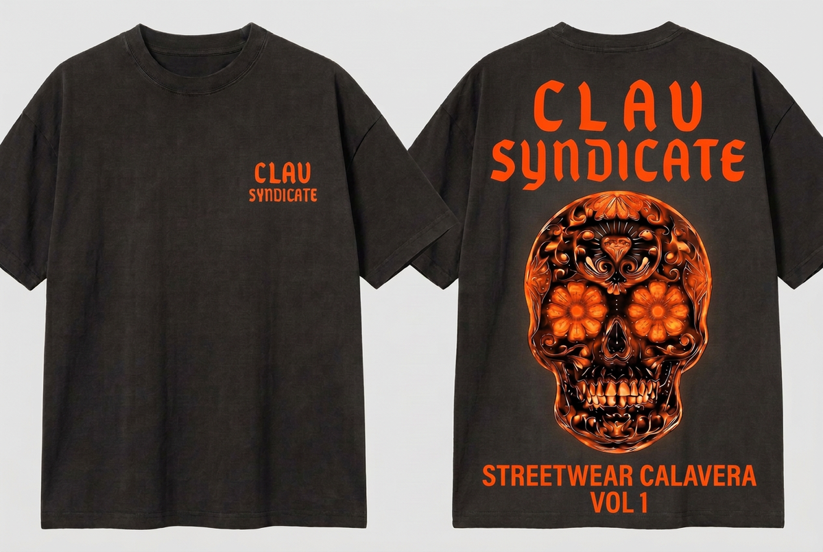 CLAV Syndicate Floral Calavera T-Shirt - Charcoal / Fluorescent Orange
