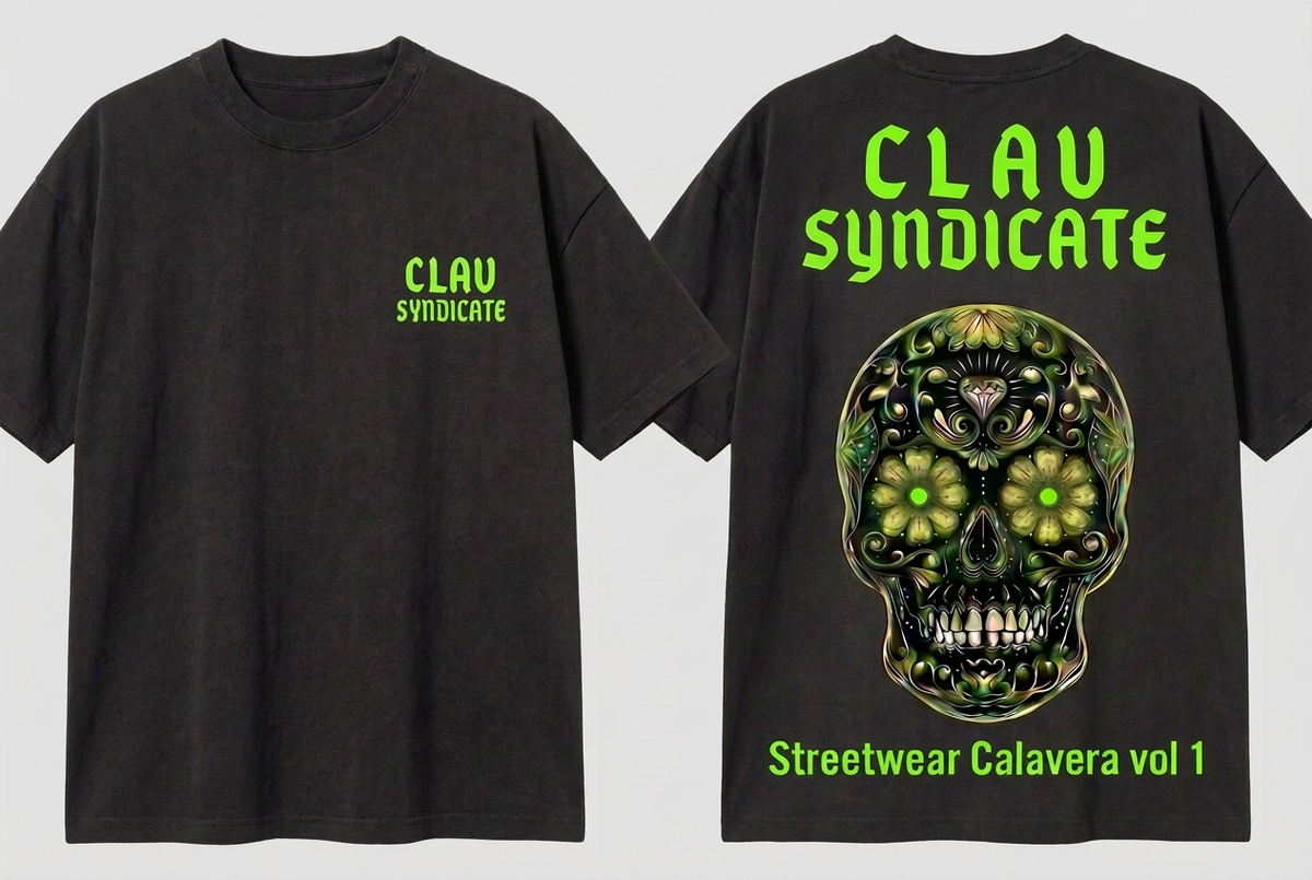 CLAV Syndicate Green Floral Calavera T-Shirt - Charcoal / Fluorescent Green