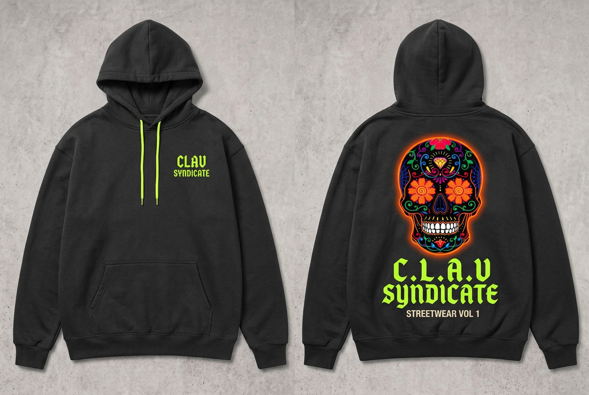 CLAV Syndicate Floral Calavera Pullover Hoodie - Charcoal Black