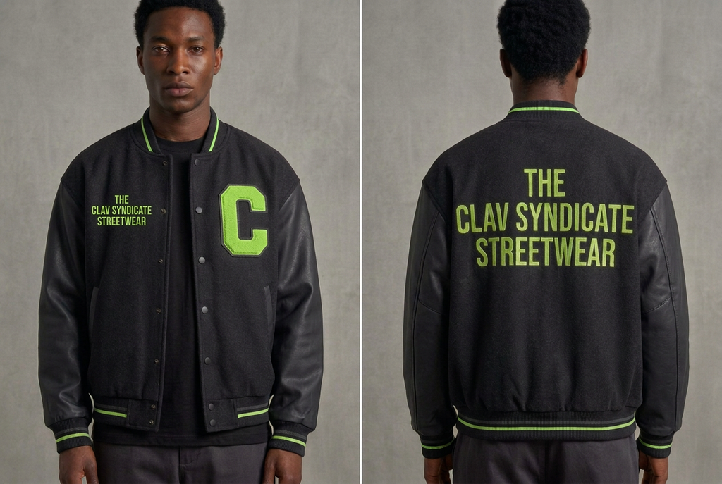 Charcoal/svart C.L.A.V Syndicate-basebolljacka med neongrönt C på vänster bröst och text på höger, fram och bak