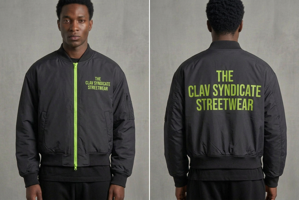 Charcoal/svart C.L.A.V Syndicate-bomber med neongrön dragkedja och text, på modell fram och bak