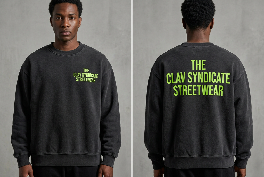 Charcoal/svart C.L.A.V Syndicate-crewneck på modell, närbild fram och bak med neongrön text
