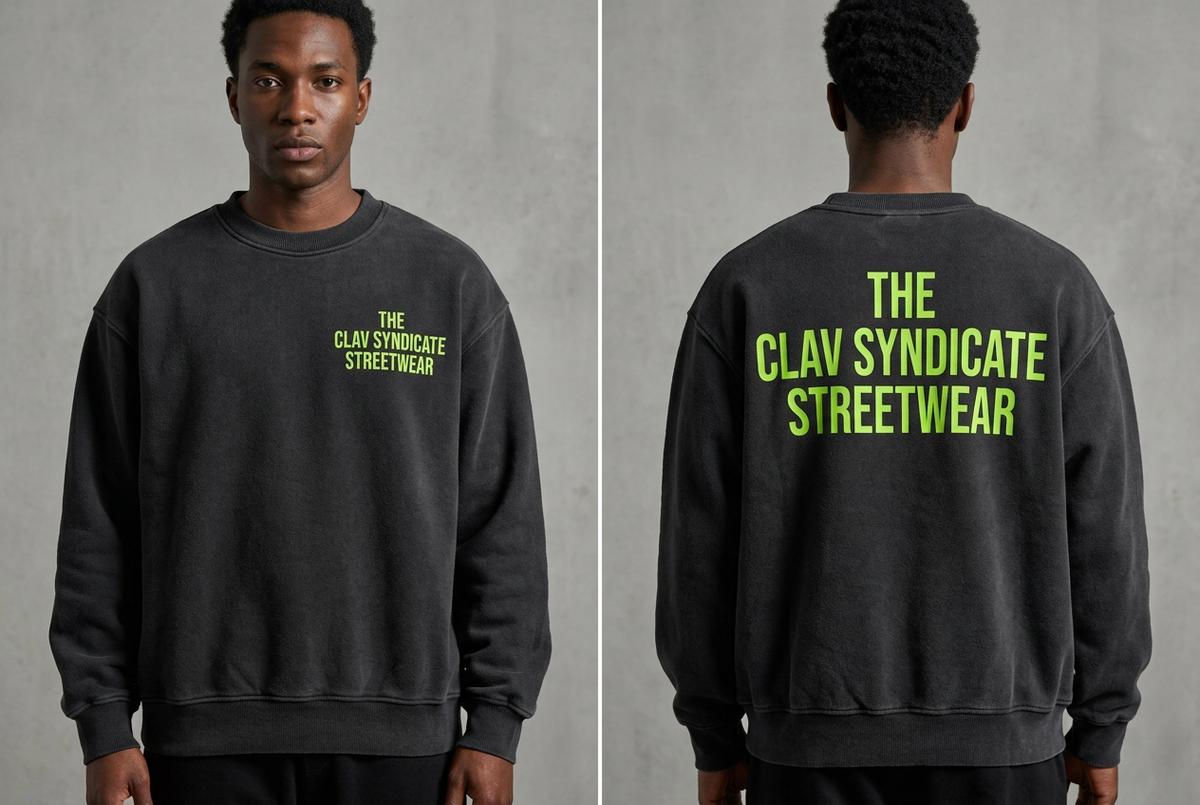Charcoal/svart C.L.A.V Syndicate-crewneck på modell, närbild fram och bak med neongrön text