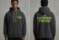 Charcoal/svart C.L.A.V Syndicate-hoodie med neongröna huv snören och text, på modell fram och bak