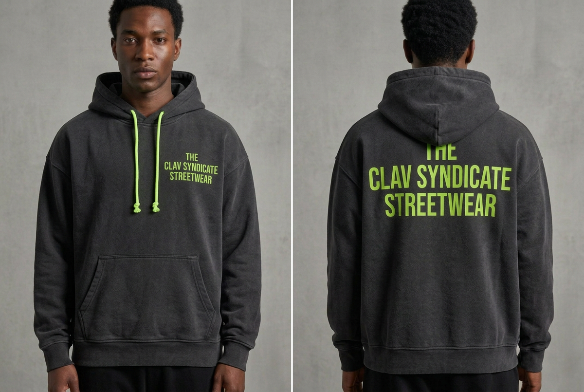Charcoal/svart C.L.A.V Syndicate-hoodie med neongröna huv snören och text, på modell fram och bak