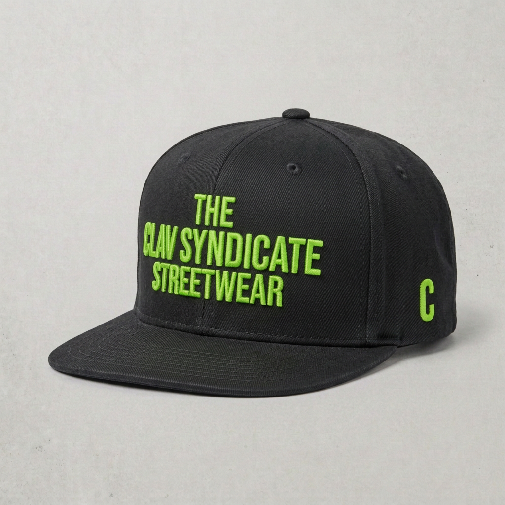 Charcoal/svart C.L.A.V Syndicate-snapback med hög krona, platt skärm och neongrön 3D-brodyr