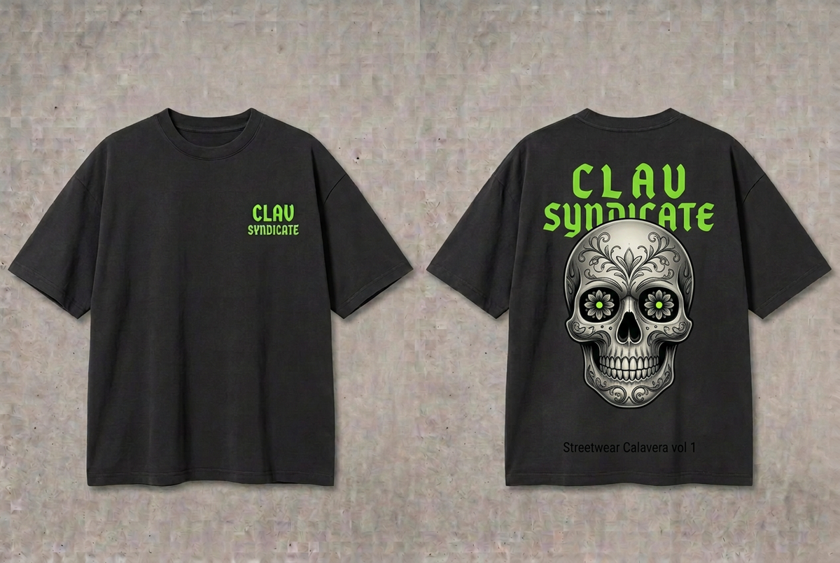 CLAV Syndicate Calavera T-Shirt - Charcoal Black / Neon Green