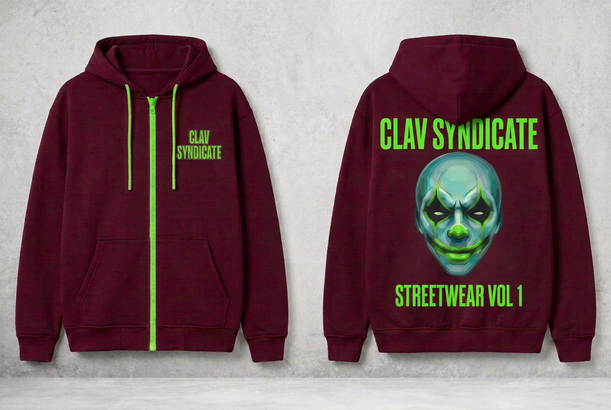 CLAV Syndicate Clown Zip Hoodie - Burgundy / Neon Green