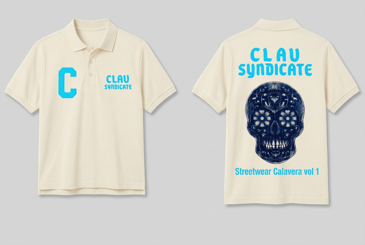CLAV Syndicate Calavera Tennis Polo - Cream White / Neon Light Blue C
