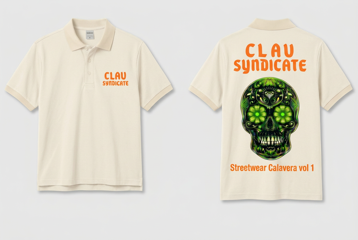 CLAV Syndicate Calavera Tennis Polo - Cream White / Neon Orange