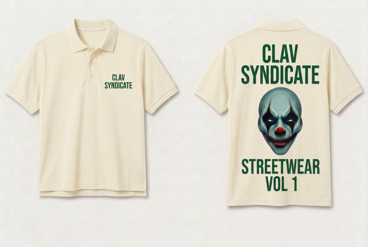 CLAV Syndicate Clown Tennis Polo - Cream White / Forest Green - Plain Trim