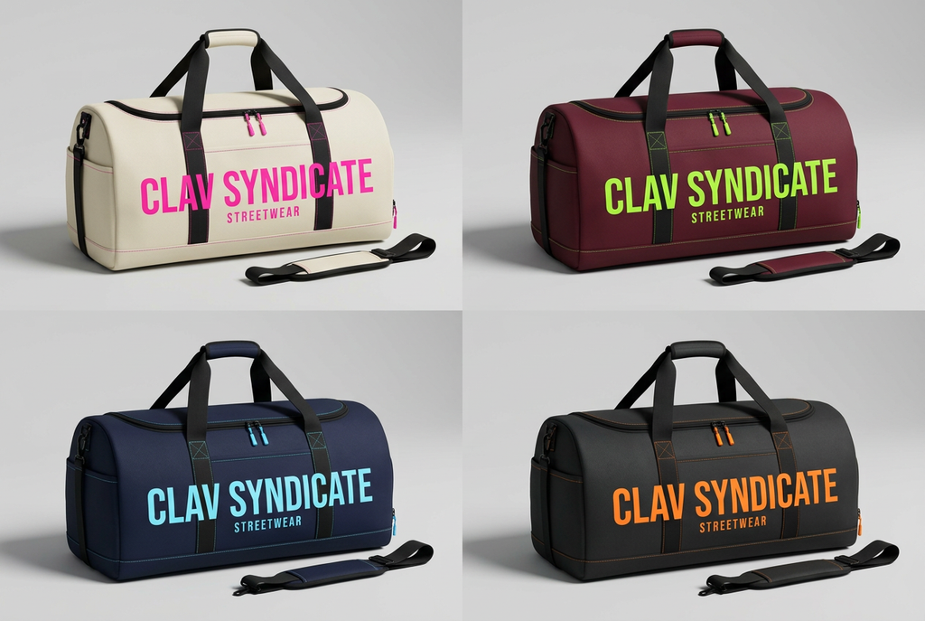 CLAV weekend duffles in cream/neon pink, burgundy/neon green, navy/light neon blue and charcoal/neon orange