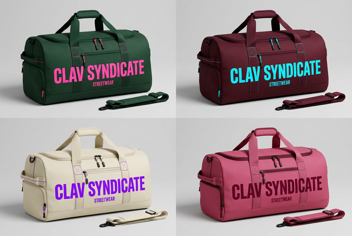 CLAV weekend duffles in forest/neon pink, burgundy/electric cyan, cream/neon violet and pink/burgundy