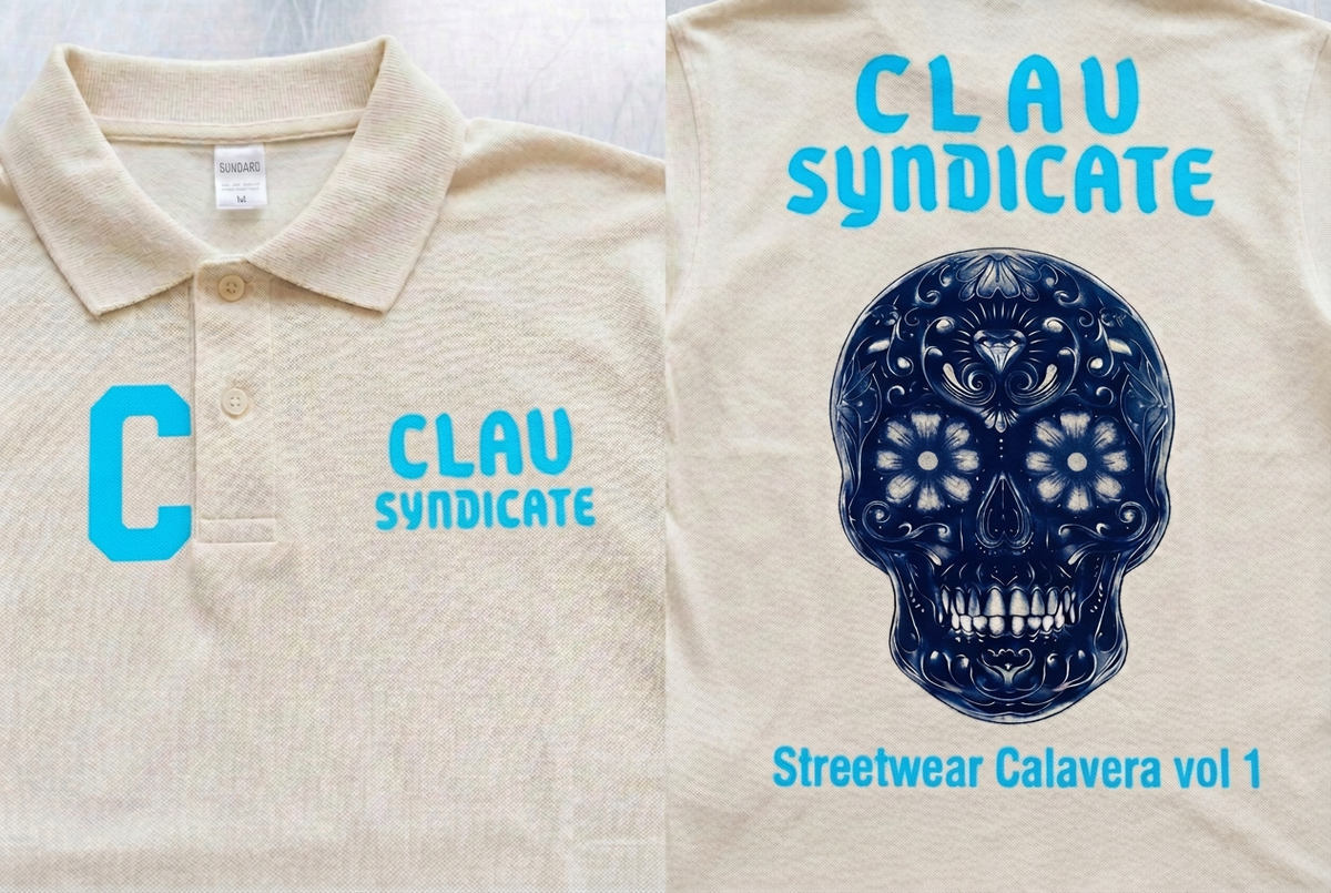 CLAV Syndicate Calavera Tennis Polo - Cream White / Neon Light Blue C