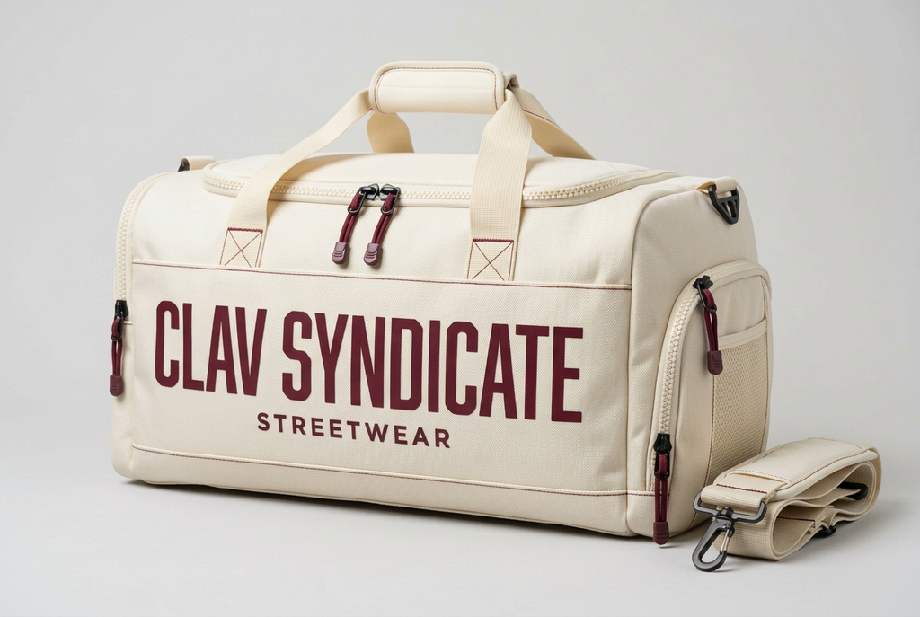 Cream-white CLAV Syndicate duffle with burgundy branding