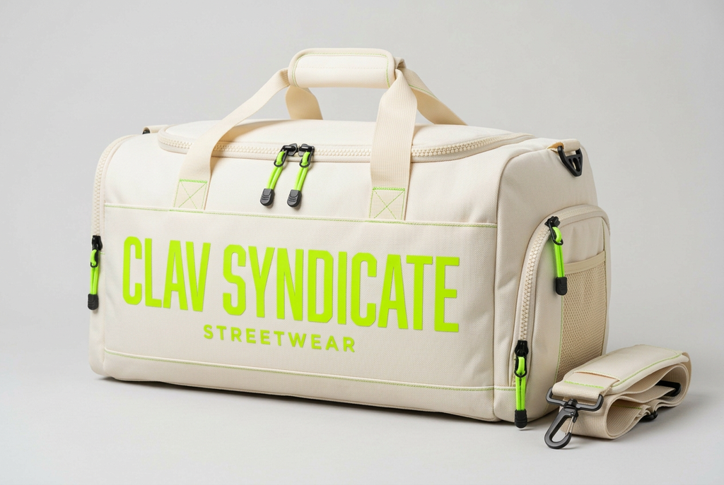 Cream-white CLAV Syndicate duffle with neon-green branding