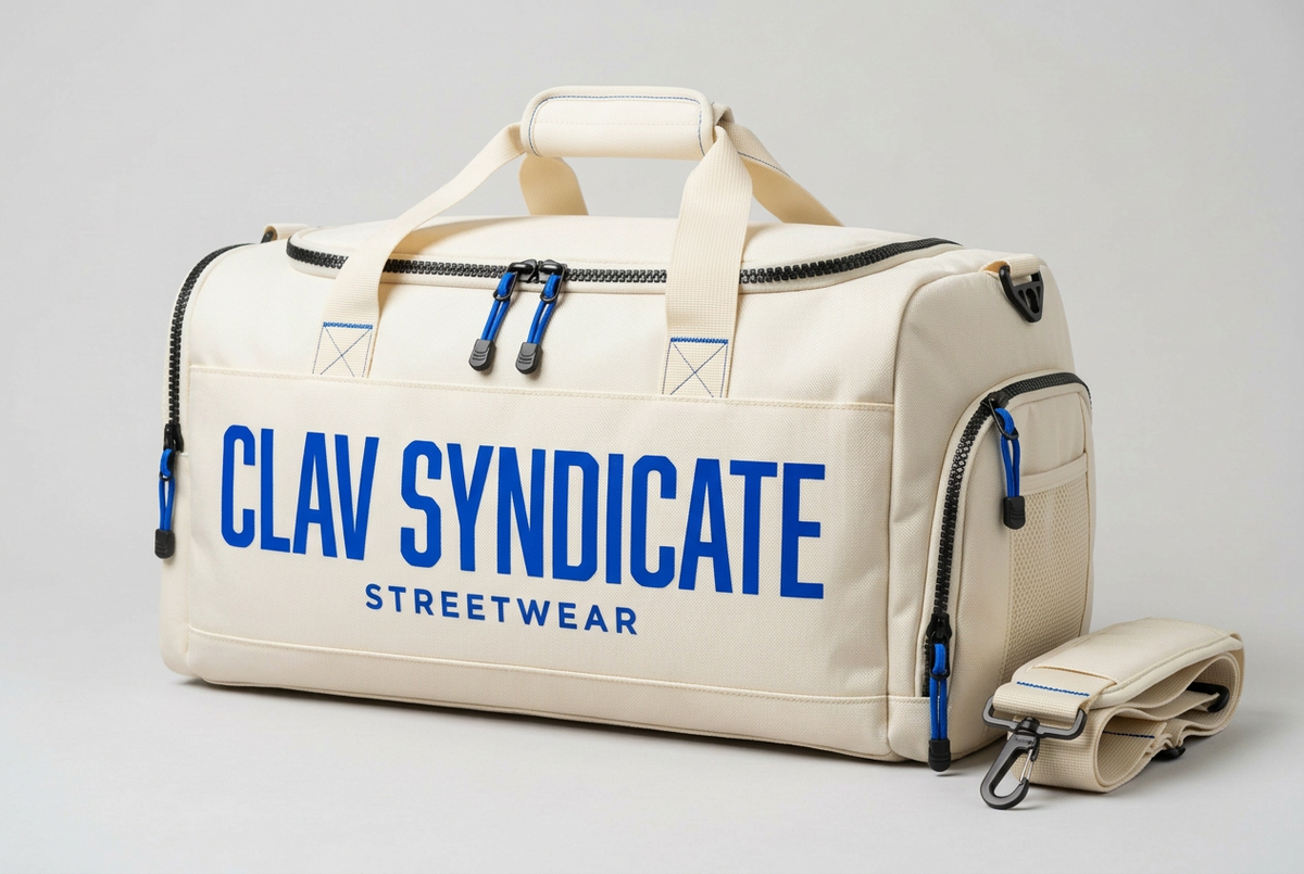 Cream-white CLAV Syndicate gym duffle concept with electric cobalt-blue branding