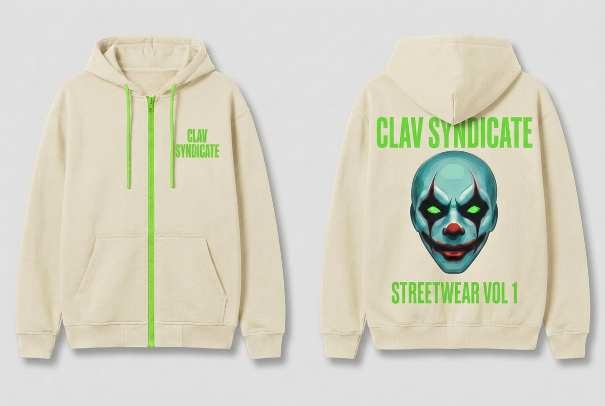 Cream-white CLAV Syndicate hoodie mockup with neon-green branding and the original green-eyed clown