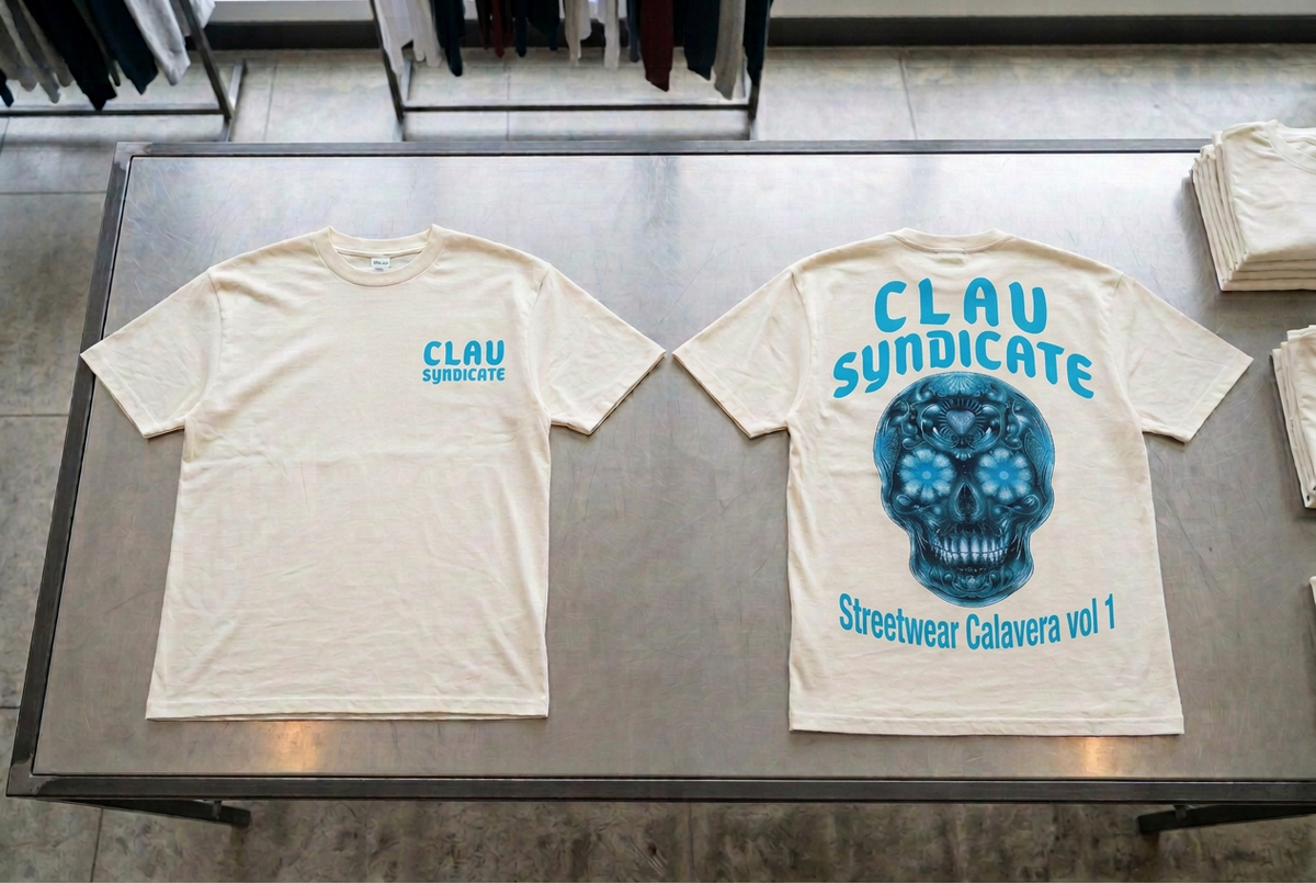 CLAV Syndicate Calavera T-Shirt - Cream White / Ice Blue Arched Lettering