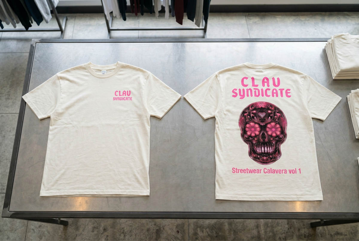 CLAV Syndicate Floral Calavera T-Shirt - Cream White / Neon Pink