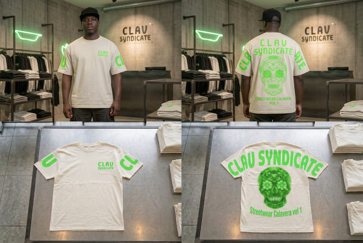 CLAV Syndicate Calavera T-Shirt - Cream White / Neon Green Oversized Print