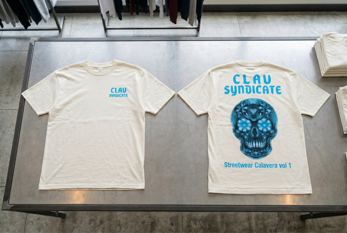 CLAV Syndicate Floral Calavera T-Shirt - Cream White / Ice Blue
