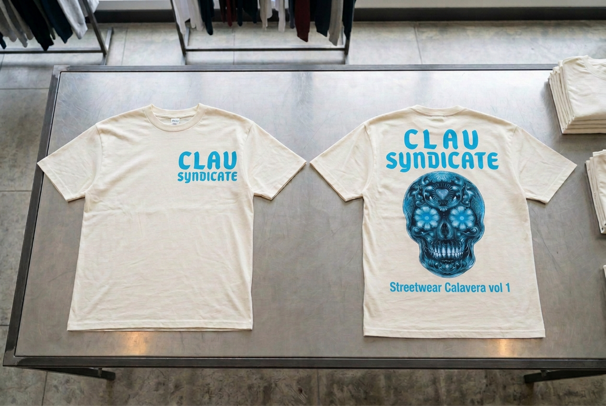 CLAV Syndicate Floral Calavera T-Shirt - Cream White / Ice Blue Large Lettering