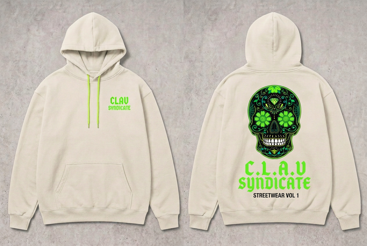 CLAV Syndicate Floral Calavera Pullover Hoodie - Cream White / Green