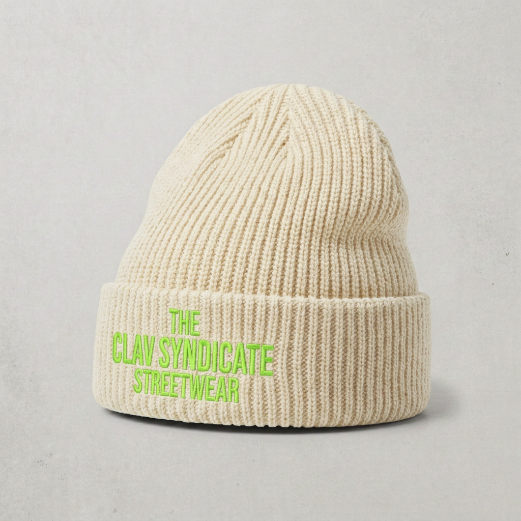 Cremevit C.L.A.V Syndicate-beanie med neongrön brodyr