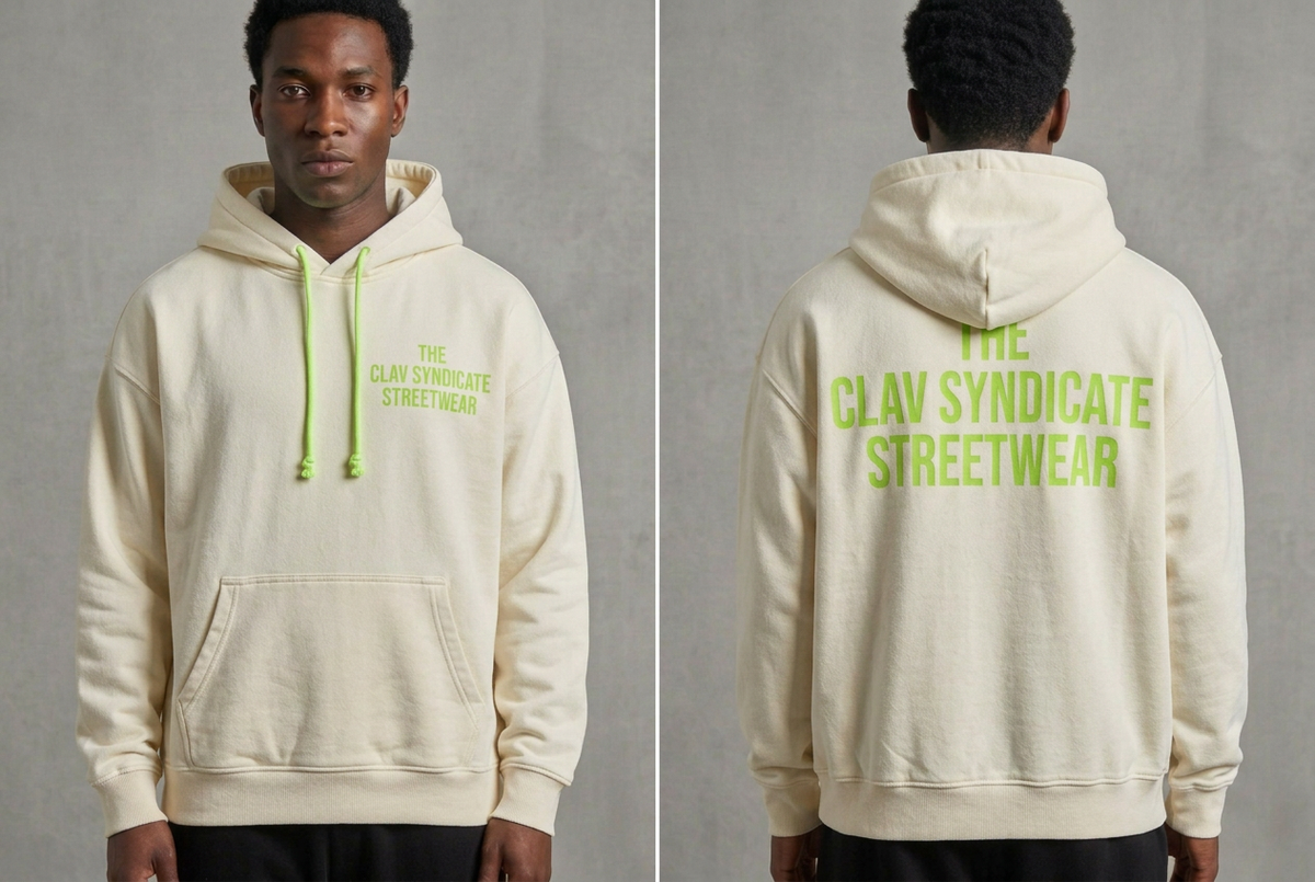 Cremevit C.L.A.V Syndicate-hoodie med neongröna snören och text, närbild fram och bak på modell