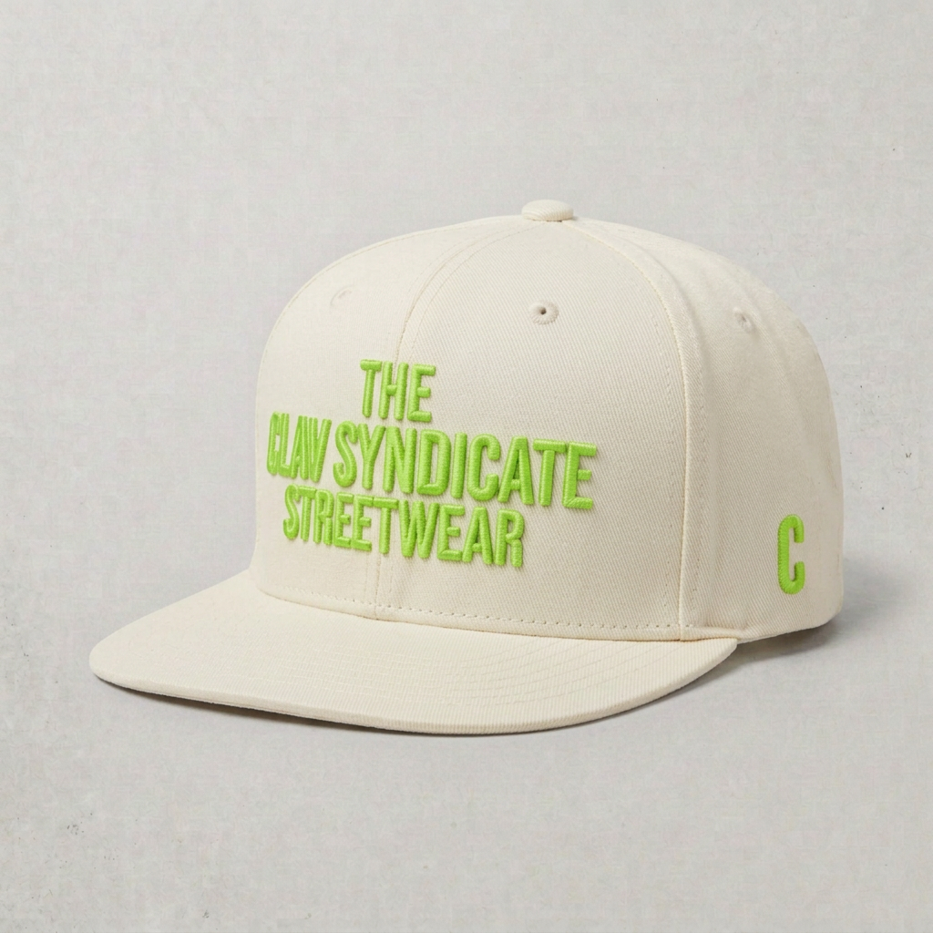 Cremevit C.L.A.V Syndicate-snapback med neongrön 3D-brodyr och C på sidan
