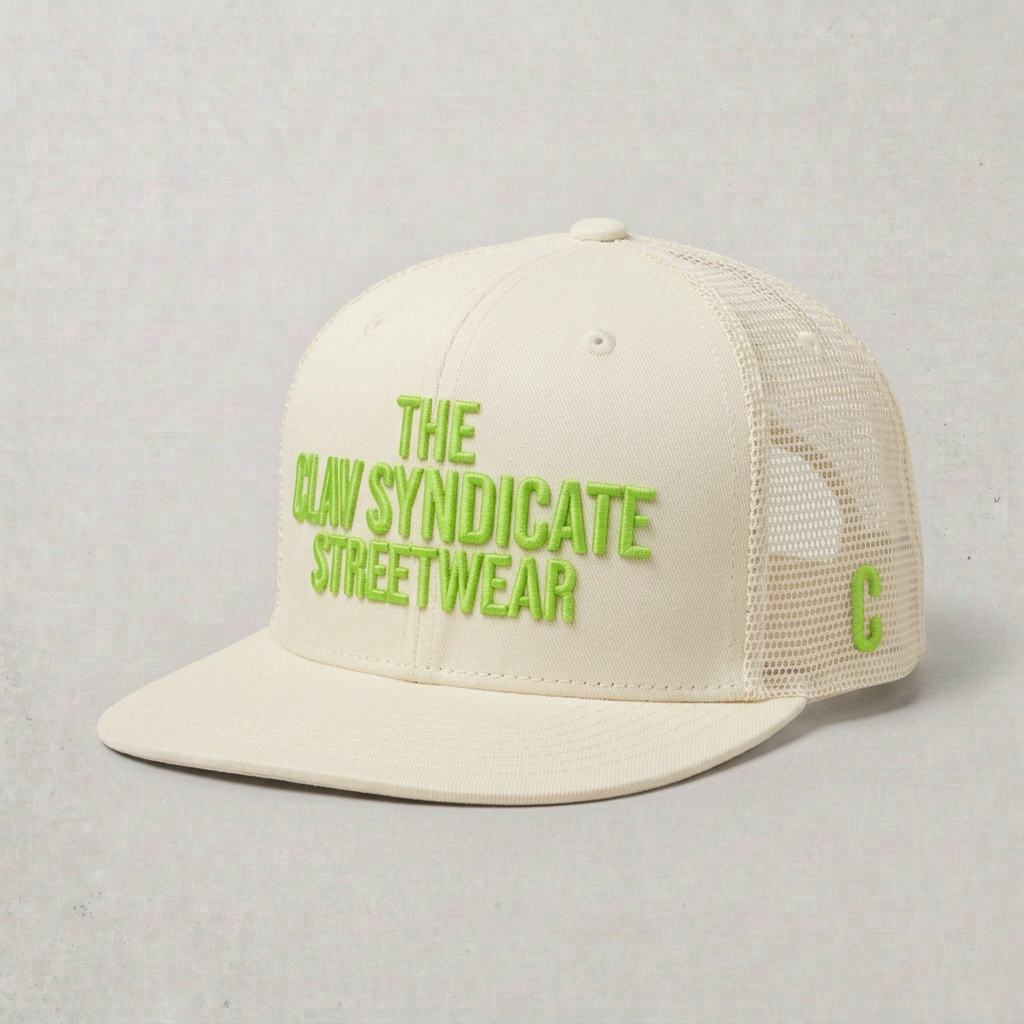 Cremevit C.L.A.V Syndicate-truckerkeps med cremefärgade nätsidor och neongrön brodyr