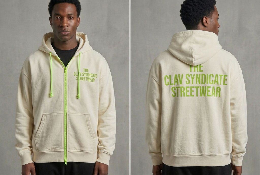 Cremevit C.L.A.V Syndicate-zip-hoodie med neongrön dragkedja, snören och text, på modell fram och bak