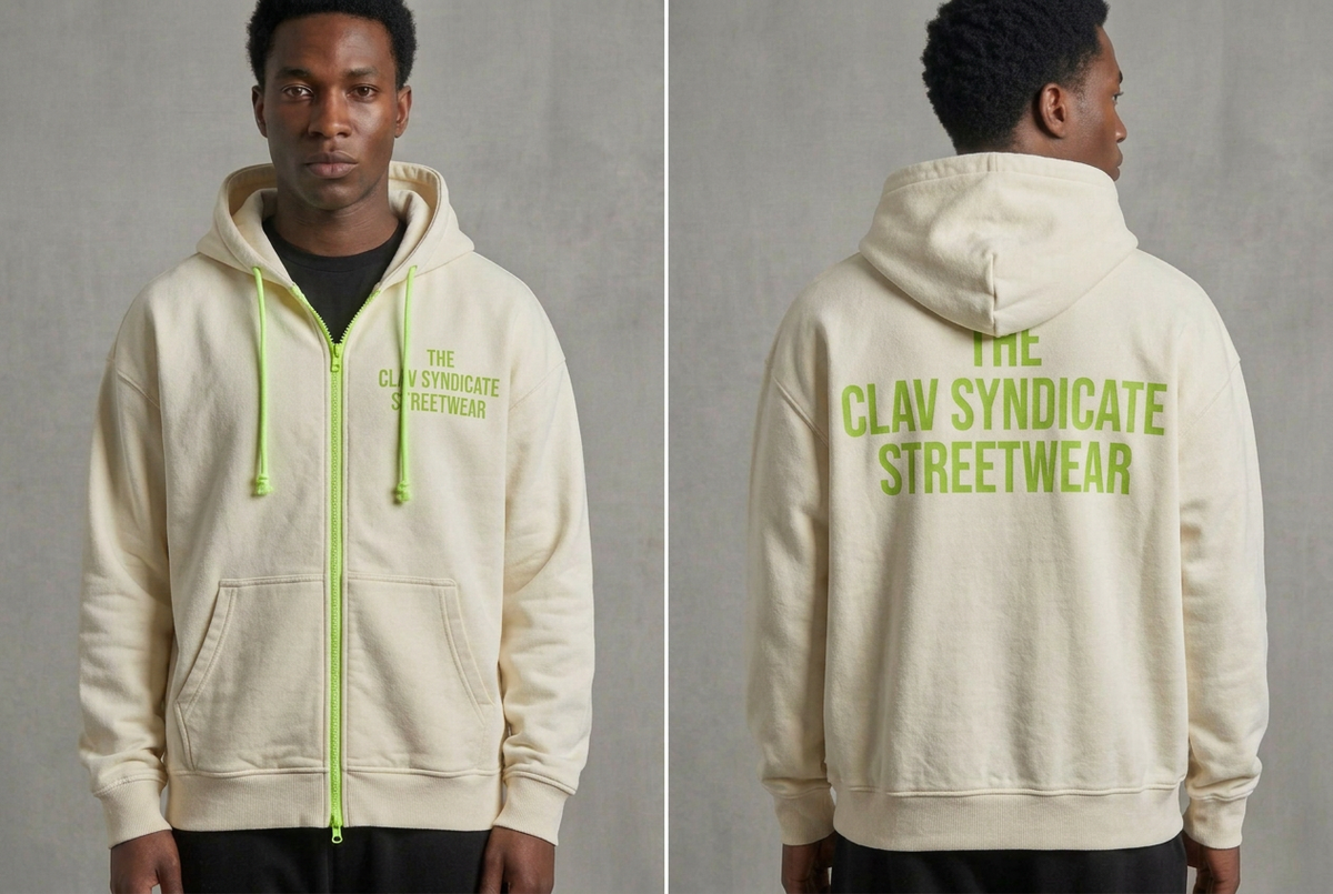 Cremevit C.L.A.V Syndicate-zip-hoodie med neongrön dragkedja, snören och text, på modell fram och bak