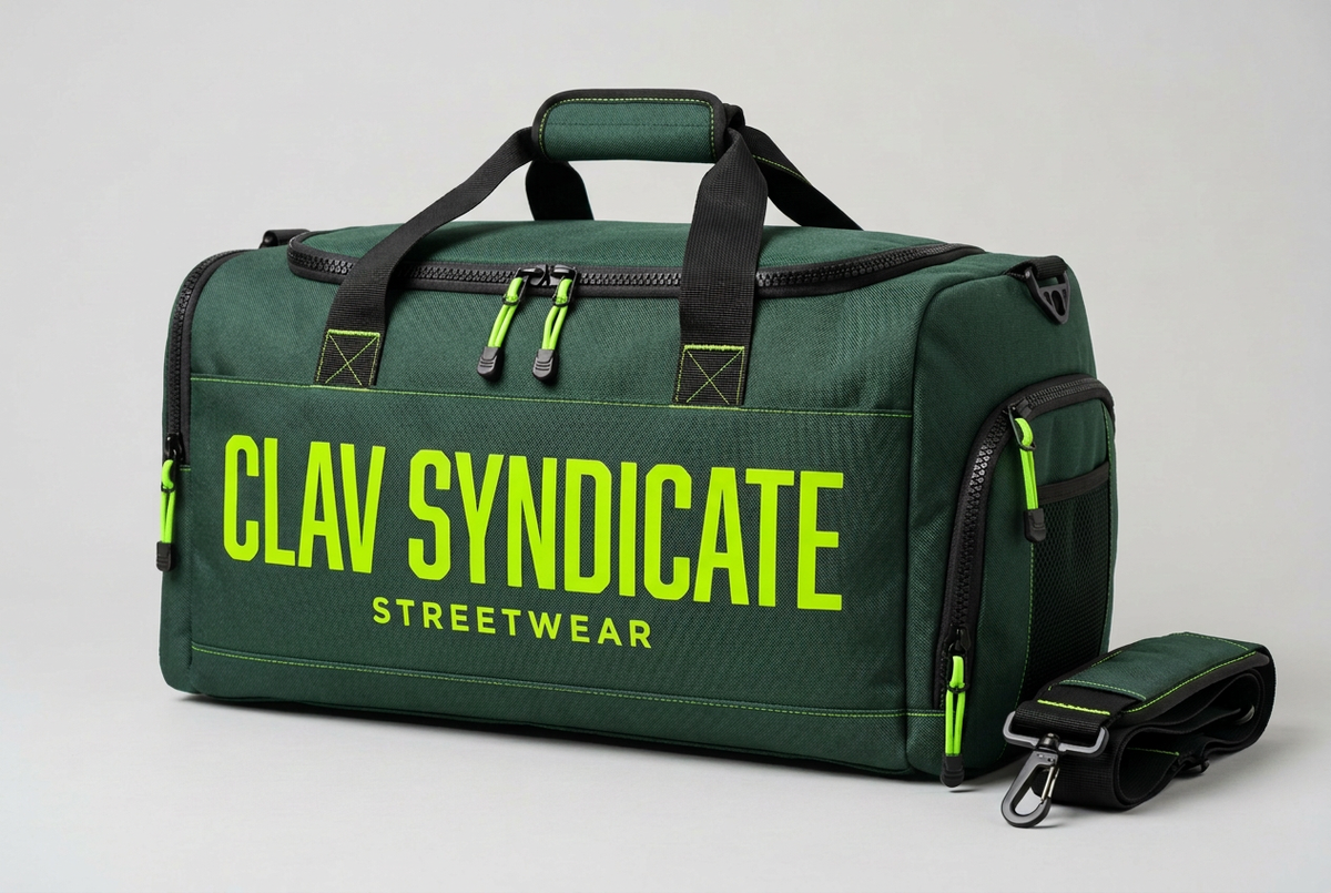 Forest-green CLAV Syndicate duffle concept with neon-green branding