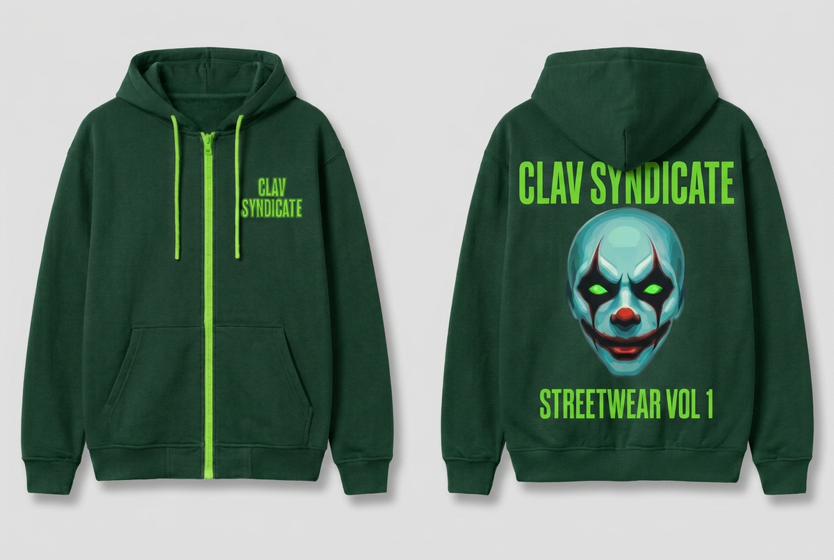 Forest-green CLAV Syndicate hoodie mockup with neon-green branding and the original green-eyed clown