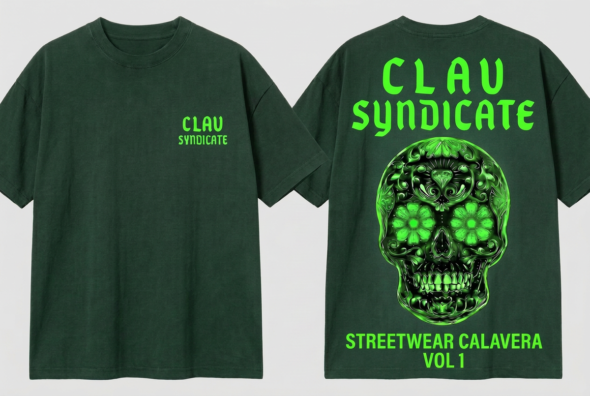 CLAV Syndicate Floral Calavera T-Shirt - Forest Green / Neon Green