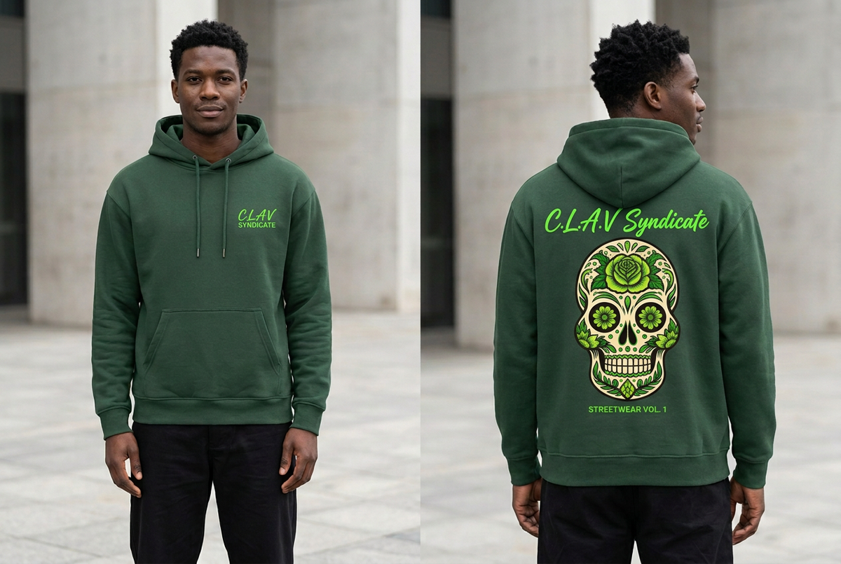 CLAV Syndicate Green Calavera Pullover Hoodie - Forest Green / Script