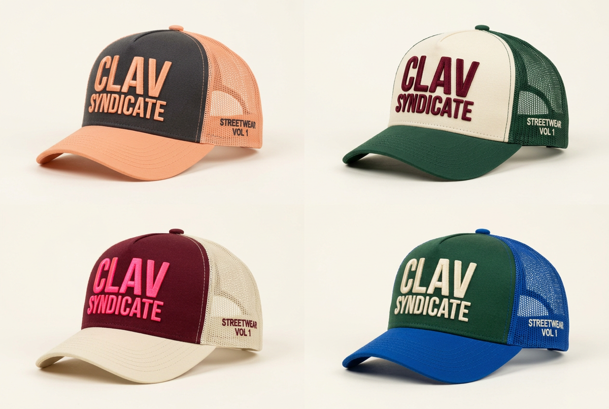 Four CLAV trucker cap concepts